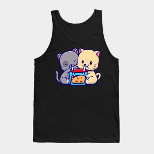 Cute Couple Cat Drink Boba Milk Tea Cartoon Tank Top